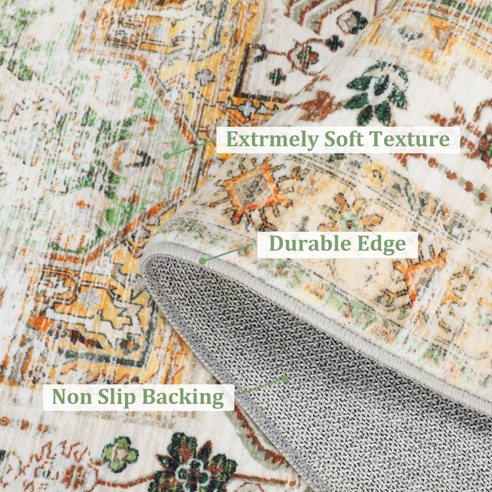 Hasoo Large 9' x 12' Vintage Area Rug for Living Room Bedroom Washable Floral Carpet, Green