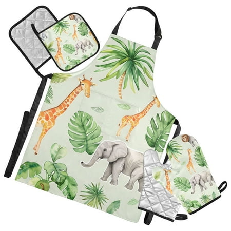 Cute Lions Elephants Giraffes Leaves Apron Set with Oven Mitts Pot Holders Set of 5 Kitchen Stuff Accessories
