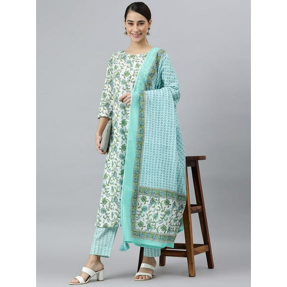 Janasya Indian Round Neck 3/4 Sleeve Floral Print White Cotton Straight Kurta with Pant And Dupatta For Women