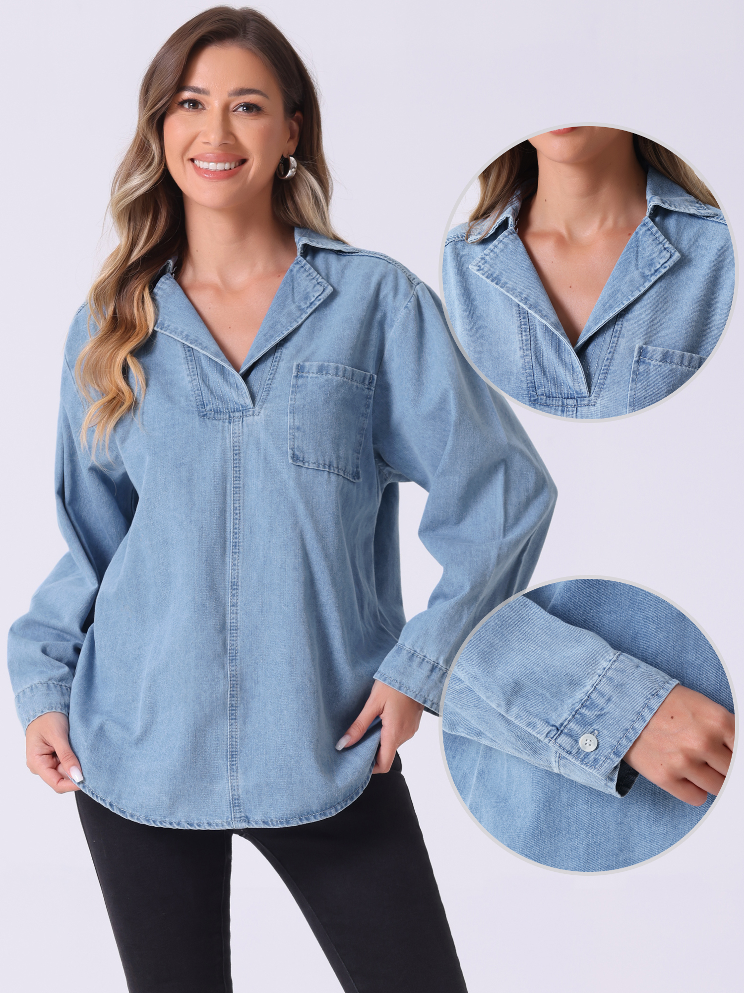 DARING DIVA Women's V Neck Long Sleeve Denim Blouses S Light Blue