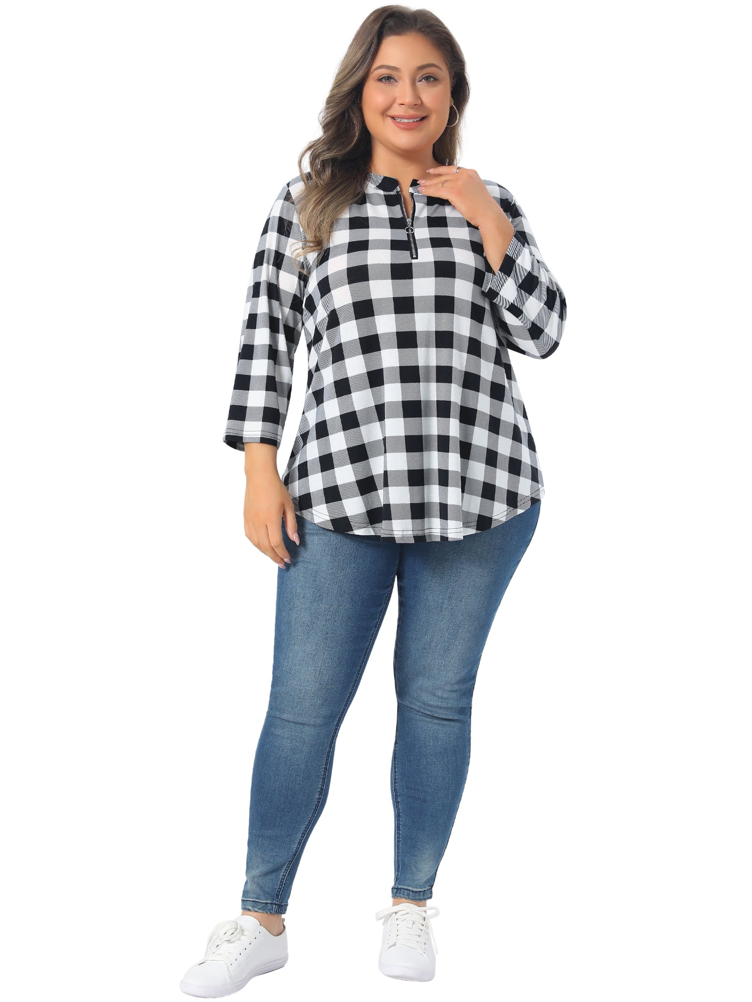 DARING DIVA Women' Plus Size 3/4 Sleeve Zip Up Floral Print V Neck Blouse 3X White