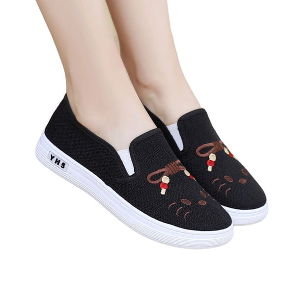 Willtoo Women Cute Cat Embroidery Slip On Canvas Shoes Lightweight Platform Casual Loafers Breathable Comfort Non Slip Walking Flat Shoes