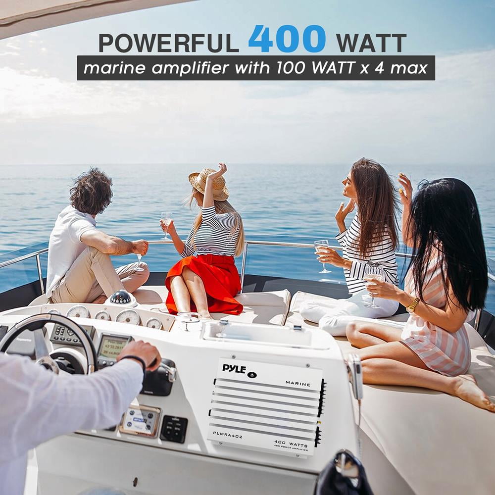 Pyle Hydra Marine Amplifier - Upgraded Elite Series 400 Watt 4 Channel Audio Amplifier - Waterproof, Dual MOSFET Power Supply, GAIN Level Controls, RCA Stereo Input & LED Indicator - PLMRA402