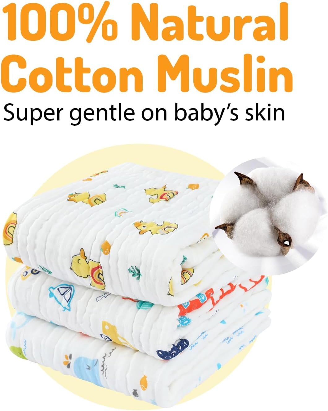 Pio Dino Baby Muslin Bath Towel (Kit w/ 3 units) 41.33" x 39.37'' White/Colorful