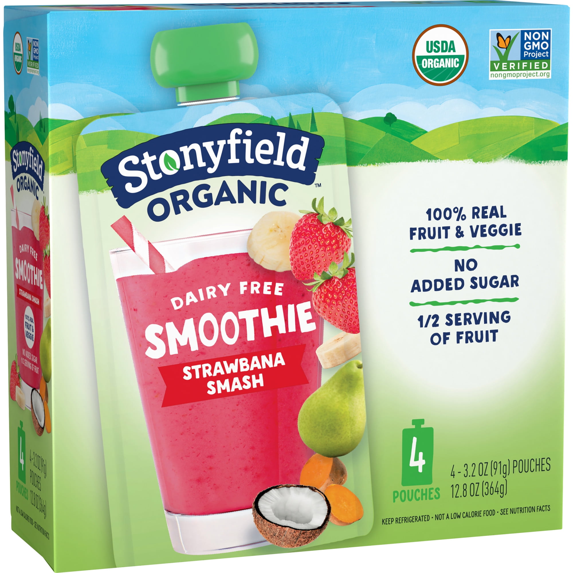 Stonyfield Organic Dairy Free Smoothie Pouches, Strawbanana Smash, 3.2oz, 4 Ct