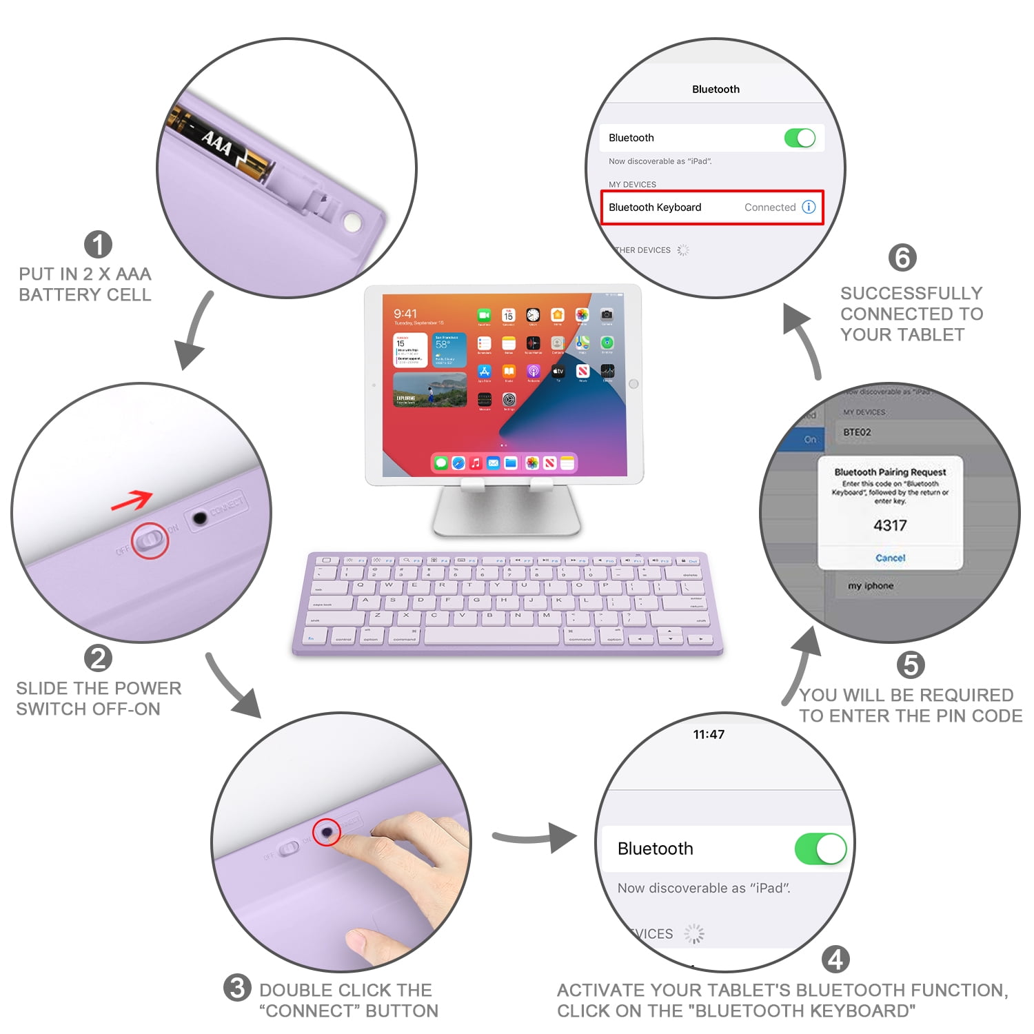 Bluetooth Wireless Keyboard Compatible with iPad 11/10th Generation, iPad 10.2 (9th/8th/7th), iPad Pro 13/12.9/11 inch, iPad Air/Mini and More iOS Devices, OMOTON,Purple
