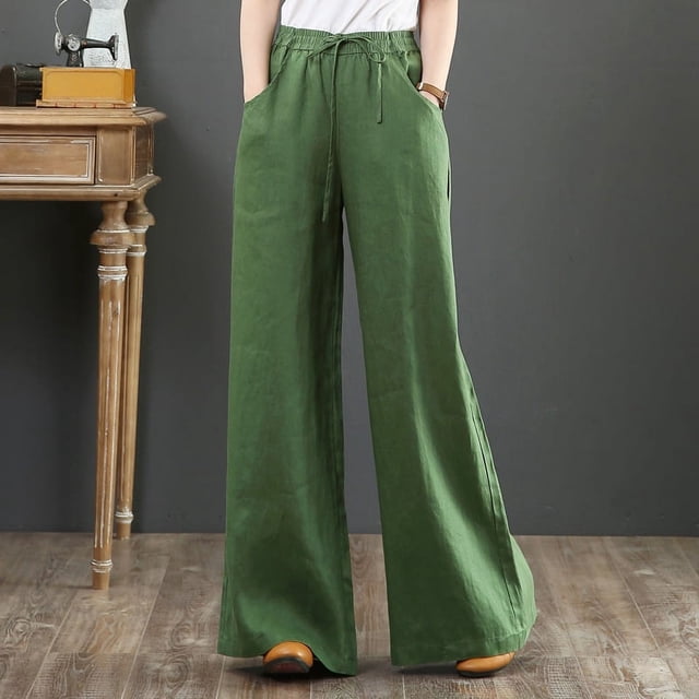 Pantalones de mujer de algodón y lino artísticos de primavera y verano Pantalones holgados de pierna ancha de talla grande Pantalones de cintura alta Pantalones rectos Pantalones de lino