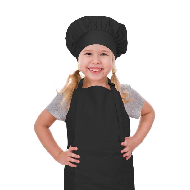 CRJHNS Conjunto de Delantal y Gorro de Chef para niños, Delantales Infantiles de algodón Ajustables con Bolsillo Grande Delantales con Pechera de Cocina para niñas y niños Negros para cocinar, Hornear