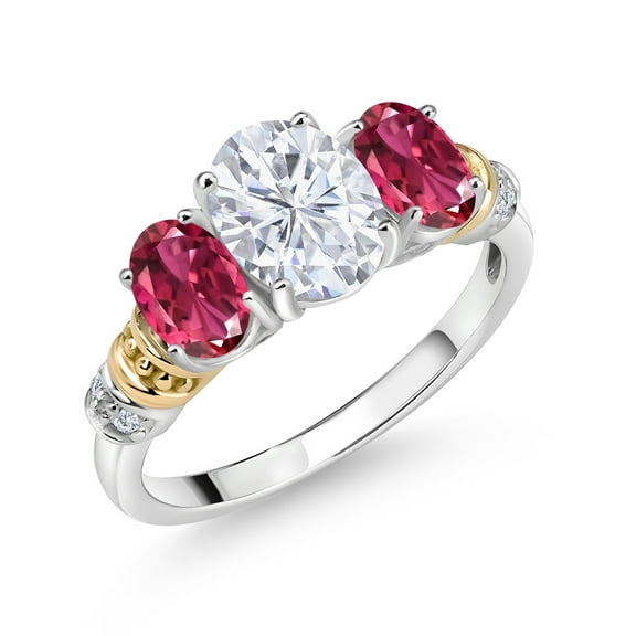 Gem Stone King 925 Sterling Silver and 10K Yellow Gold Oval White Moissanite Pink Tourmaline and White Diamond 3 Stone Ring for Women (2.48 Cttw, Gemstone Birthstone, Size 8)