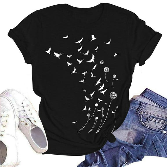 NAMTYQX Ladies Tops and Blouses Fashion Gemusterte Crew Neck Oversize Graphic Lightweight Cool Loose Fit Short Sleeve Trendy Tops for Women 2025 Black Size S