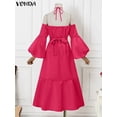 thumbnail image 5 of VONDA 2024 Summer Elegant Women Off Shoulder Satin Midi Dress Halter Long Lantern Sleeve Sundress Casual Ruffled Vestidos Belted, 5 of 5