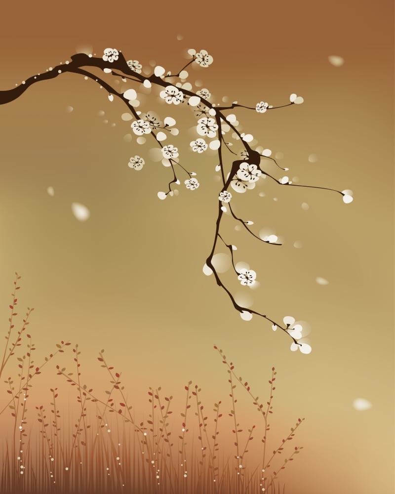 Wallmonkeys Oriental Style Painting Plum Blossom Peel and Stick Wall