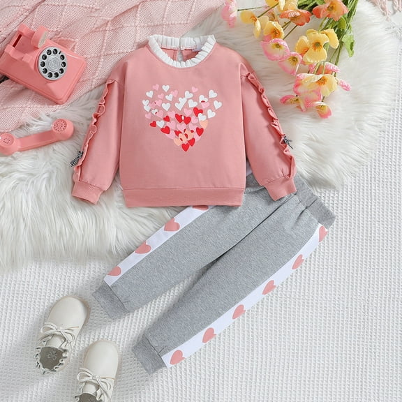 Hpapadks Girls Fall Outfits Long Sleeve Hearts Pattern Sweatshirt Top Colorblock Pants Valentines Day Outfit Girls' Clothing Sets