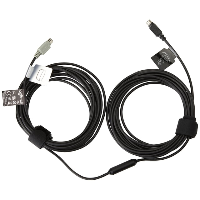 cable extensor de cámara web Logitech Group de 10 m negro, cable de 32.8 pies (10 m) enrollado en dos bobinas con diseño de un solo cable y conducto-enrutable; repetidor cilíndrico visible entre las bobinas, conectores en ambos extremos y etiqueta Logitech.