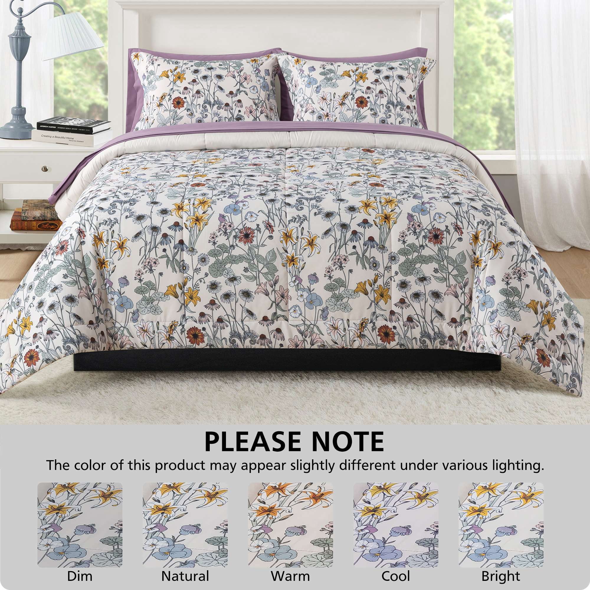 Mainstays All in One Reversible Comforter and Sheet Set, 7-Piece, Full, White Multi Floral