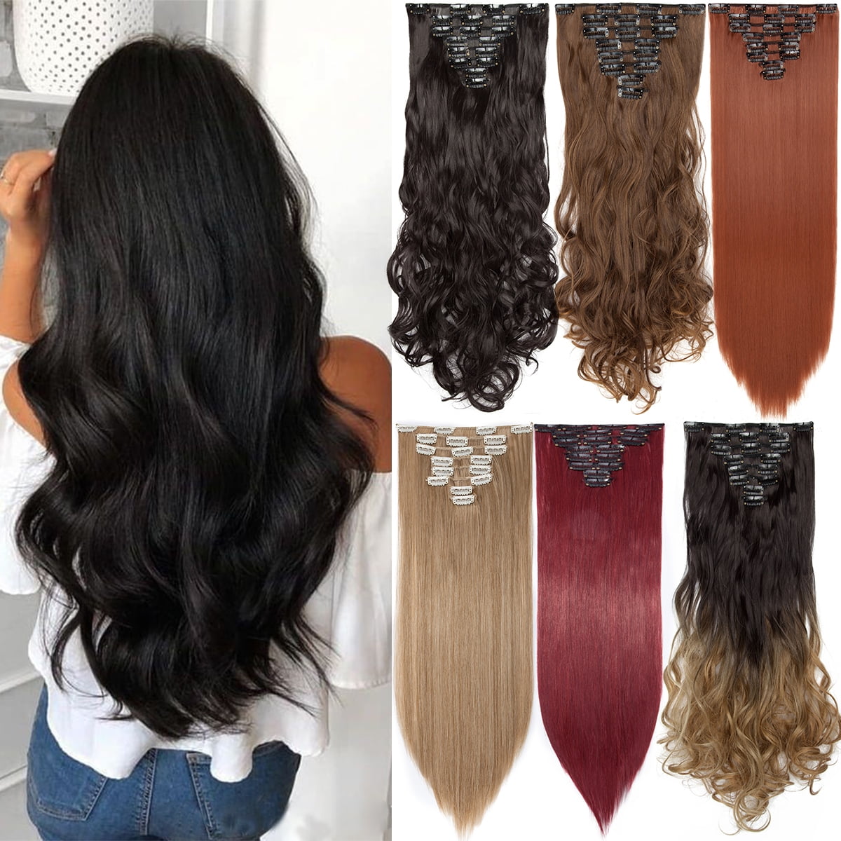 Suppion 6Pcs Full Head Natural Women 16 Clips Synthetic Straight Hair Extensions 
