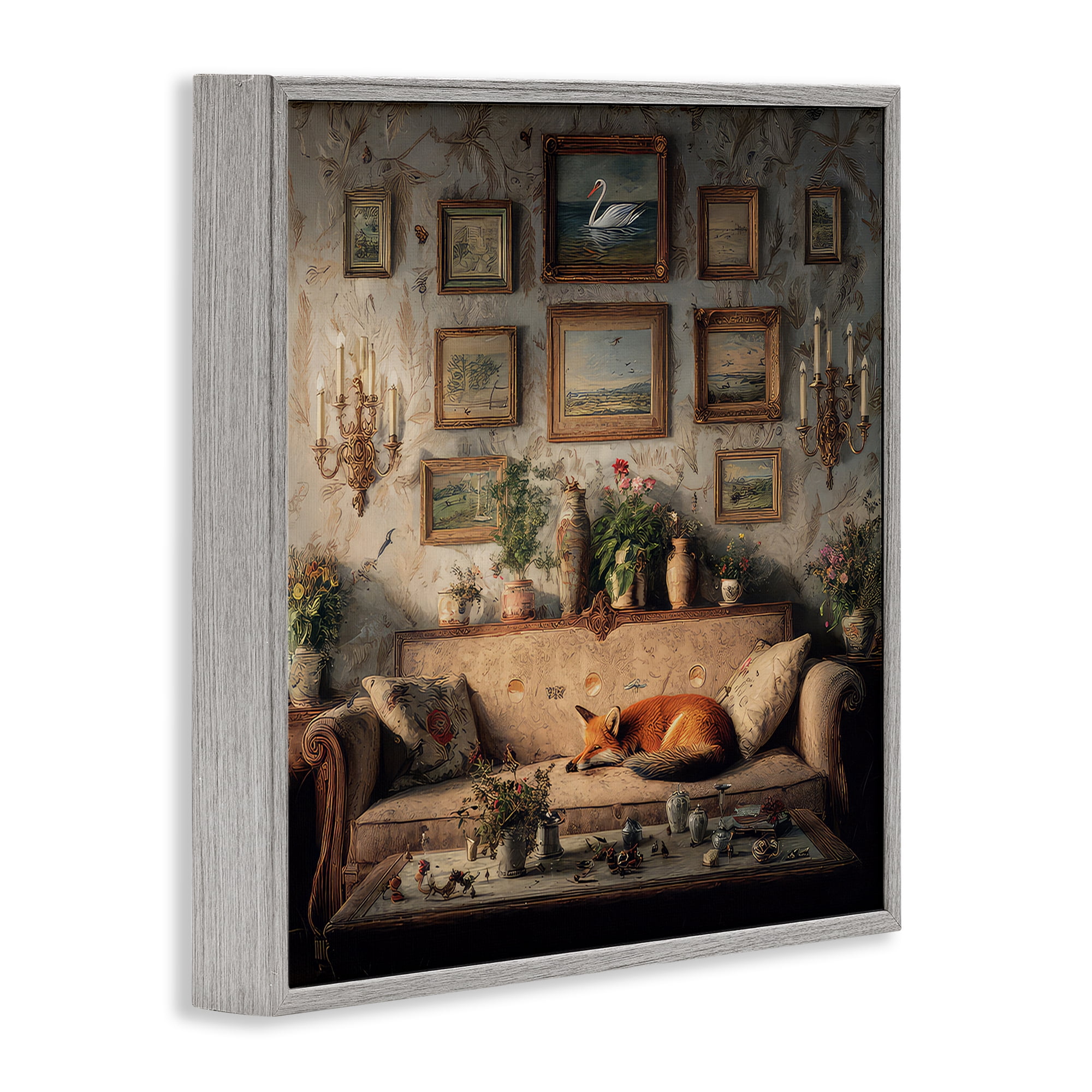 Stupell Industries Vintage Parlor with Fox Gray Framed Giclee Art, design by The Wands Want