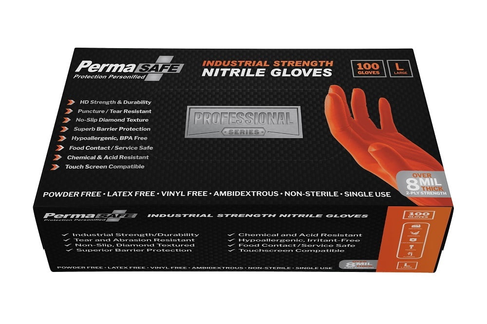PermaSafe HD Orange Disposable Nitrile Gloves, 8+ Mil, Latex-Free, Raised Texture, Extreme-Duty Industrial, Mechanical(BOX of 100 , Large)