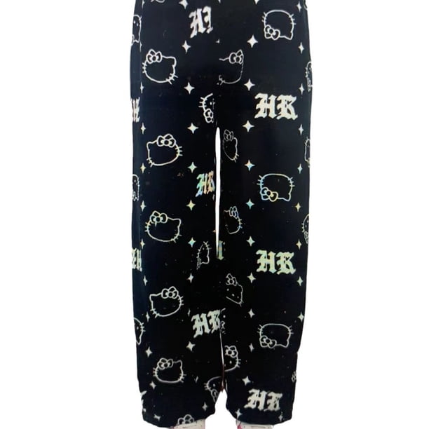 Pijamas de franela de gato KT con dibujos de Halloween para mujer, pantalones de grafiti informales cálidos de terciopelo para otoño e invierno, para el hogar
