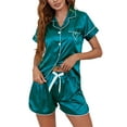 thumbnail image 1 of Franhais Women’s Satin Pajama Set Summer Short Sleeve Heart Embroidery Button Shirt + Shorts Set Loungewear, 1 of 3