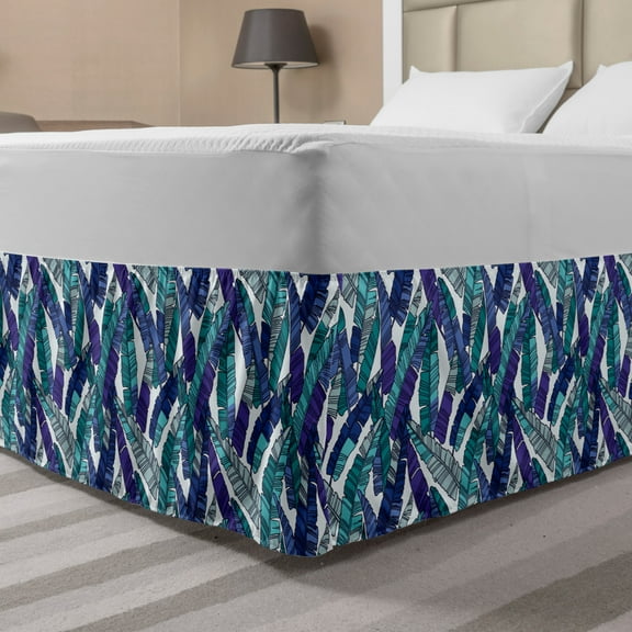 Jungle Foliage Bed Skirt, Modern and Exotic Continuous Pattern of Tropical Banana Leaves, Elastic Bedskirt Dust Ruffle Wrap Around for Bedding Decor, 4 Sizes, Teal Dark Lavender White, by Ambesonne