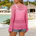thumbnail image 4 of JIAYUE Women's Swimsuit Cover-Ups Solid Color Long Sleeve V Neck Lace Up Knit Scalloped Beach Hollow Cardigan Comfortable Swimwear Cover Up Top, 4 of 6