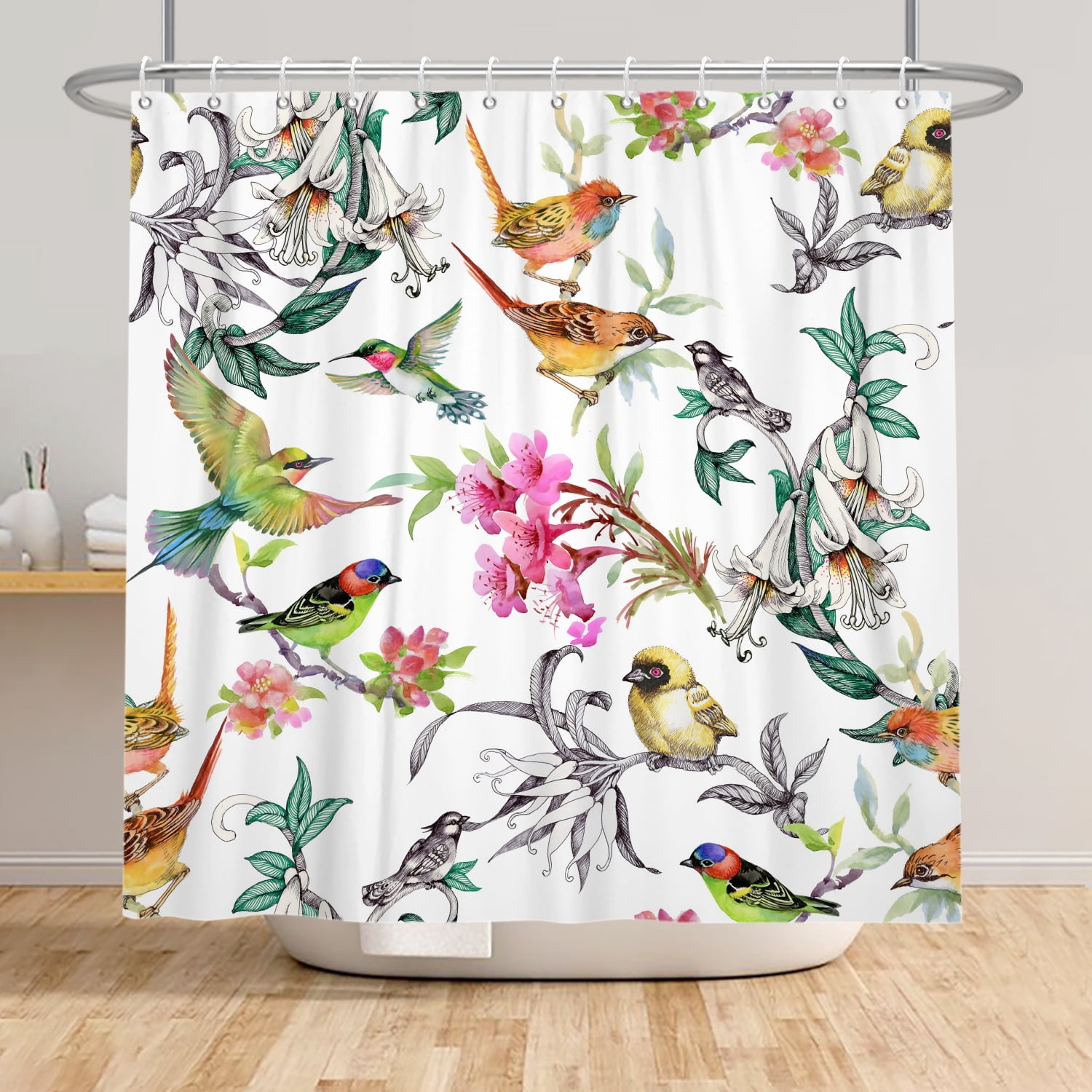 Mizhona Plant Bird Shower Curtain Watercolor Colorful for Bathroom Waterproof Polyester Funny Pretty Decor with Hooks 72"x78"