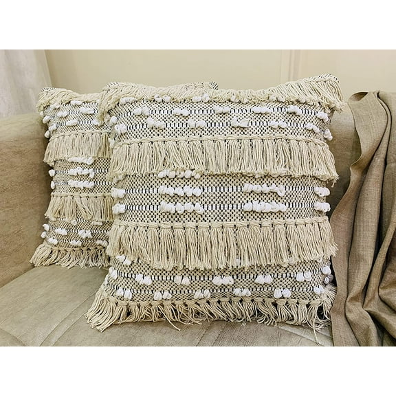 Nature4u set of2 Tufted Decorative boho Throw Pillow Cover for Couch Sofa Woven Boho Tribal Pillow Cases with Tassel Square Cushion Cover Moroccan Style Accent Pillow 18x18 Inches
