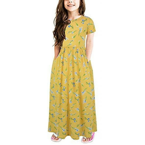 GORLYA Girl's Short Sleeve Floral Print Loose Casual Holiday Long Maxi Dress with Pockets 4-12 Years (11-12Years/Height:150cm, Yellow Print)
