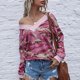thumbnail image 4 of Camiseta de mujer Camuflaje Empalme Cuello en V Fuera del hombro Manga larga Casual Camisetas suelta Abanopi Rosa/Medio, 4 of 4
