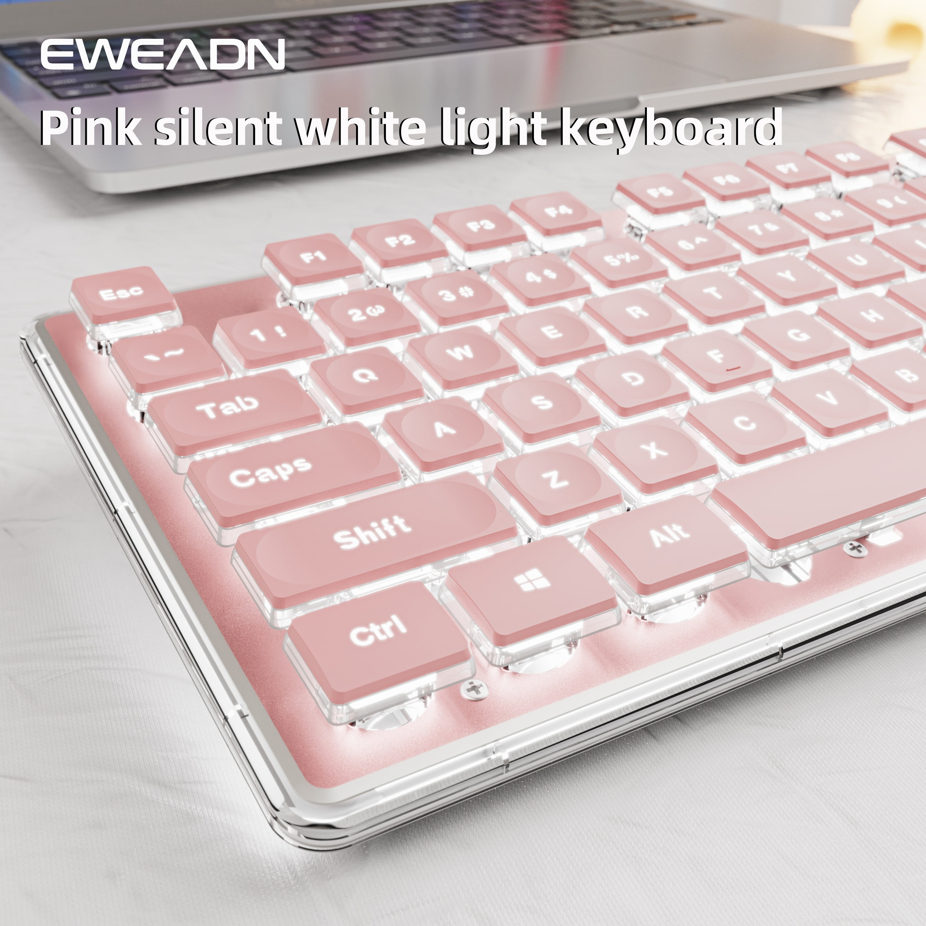A stylish keyboard with an all-metal panel, 104-key wired connection, comfortable keycaps, silent buttons, and white backlighting. Suitable for gaming and office work, compatible with Windows laptops