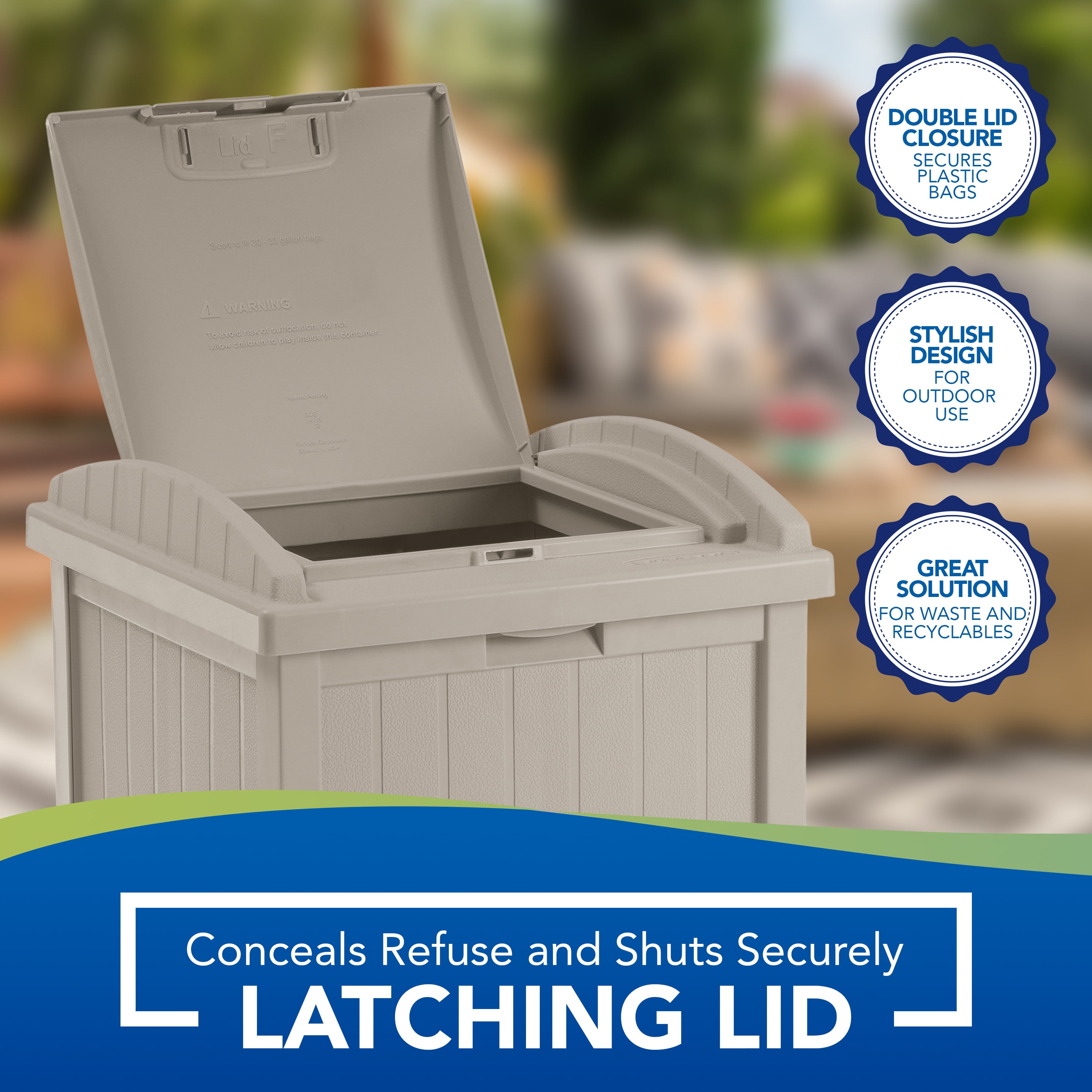 Suncast Resin Hideaway Outdoor Trash Can with Latching Lid, Taupe