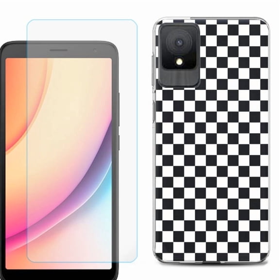 For TCL K11 Phone Case Cover, Shockproof Case with Tempered Glass Screen Protector, by OneToughShield - Checker B/W