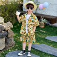 thumbnail image 6 of Kids 2 Piece Summer Outfit, Cartoon Bear Floral Print Short Sleeve Button Down Shirt & Elastic Shorts Set, Casual Beach Vacation Clothes for Little & Big Boys Girls, 6 of 15