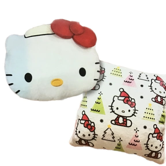 HELLO KITTY 2PC CHRISTMAS HOLIDAY PLUSH SHERPA DECORATIVE PILLOWS WITH SANTA HAT AND TREES