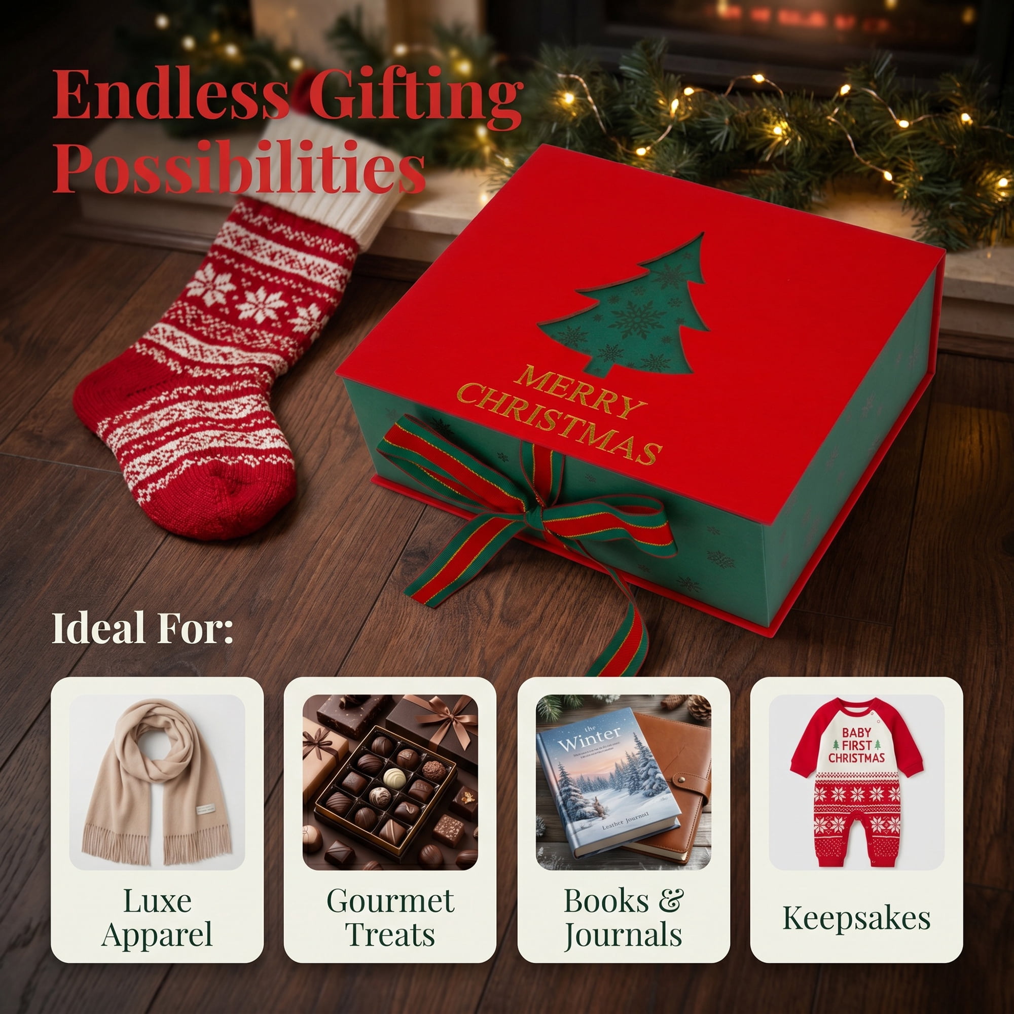 Unique Bargains Rigid Present Box with Christmas Tree Pattern Red 7.9" x 6.7" x 3.7"