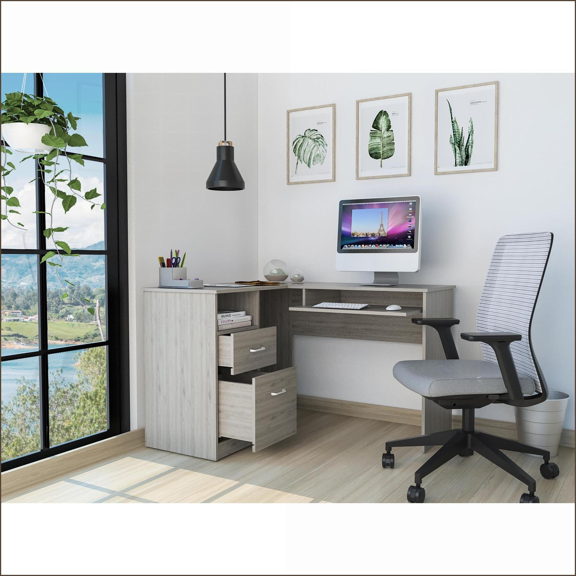 Desks | Modern L-Shaped Corner Desk with 2 Drawers, Shelf, CPU Storage & Keyboard Tray | Light Gray | Particle Board