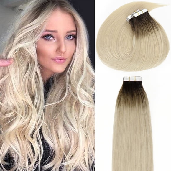 Lacerhair Natural Hair Remy Tape in Human Hair Extensions Dip Dyed Balayage #2/60 Darker Brown to Platinum Blond Seamless PU Skin Weft Real Virgin Invisible Hair Double Side 50g 20pcs/set 16 Inch