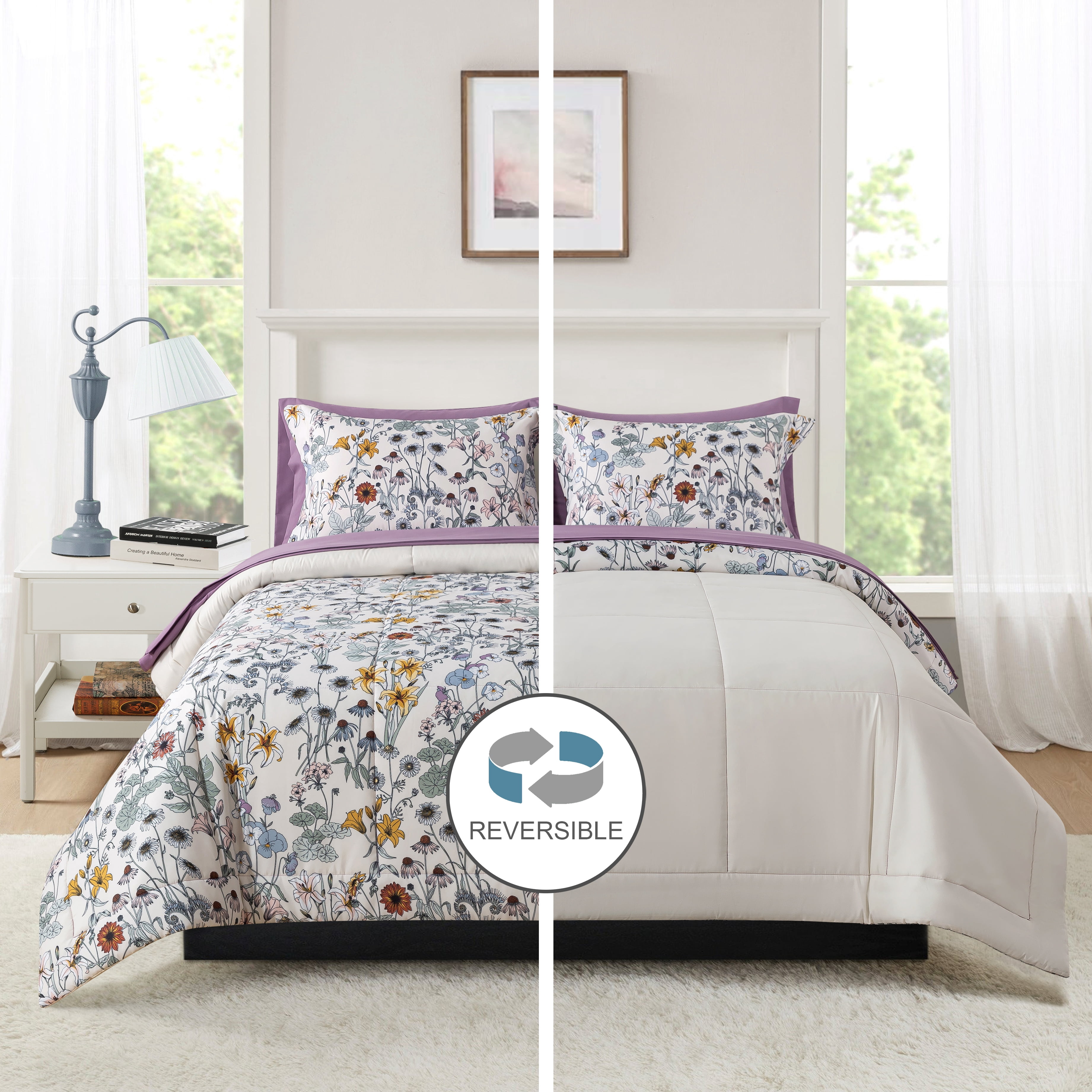 Mainstays All in One Reversible Comforter and Sheet set- 7 Piece, Full, White Multi Floral