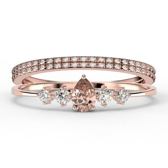 Dazzling Minimalist 2.05 Carat Pear Cut Morganite And Diamond Moissanite Classic Engagement Ring, Affordable Wedding Ring in 925 Sterling Silver With 18k Rose Gold Plating, Trio Set, Matching Band