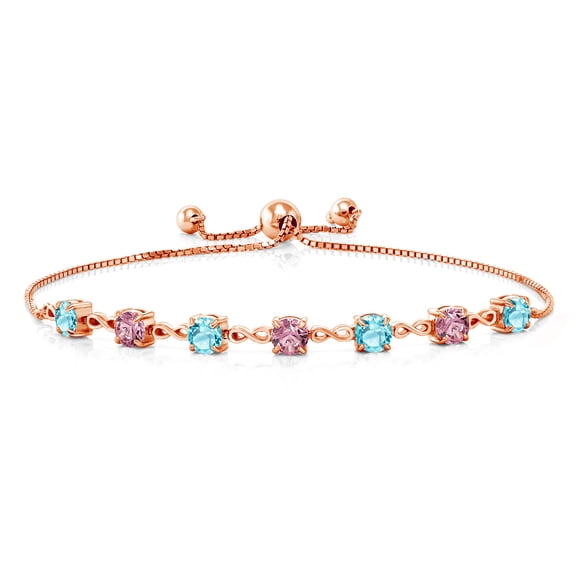 18K Rose Gold Plated Silver Swiss Blue Topaz and Pink Lab Grown Diamond Infinity Tennis Bracelet for Women (3.08 Cttw, Gemstone November Birthstone, Round 4.5MM, Fully Adjustable up to 9 inch)