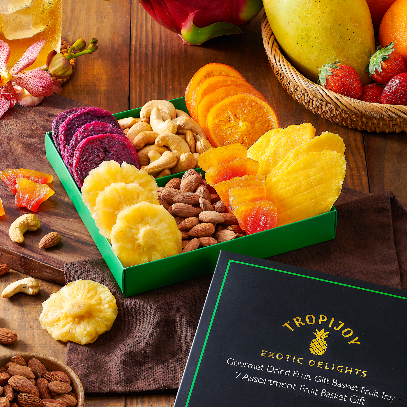 TropiJoy Dried Fruit Basket Gift -7 Tropical Flavor Soft Dried Fruit Gift Basket Fruit Baskets Gifts | Father Day Gifts Fathers Day Gourmet Food Gifts