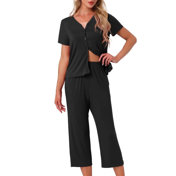 Conjunto de lounge para mujeres INSPIRE CHIC, camiseta de manga corta, pantalones largos, pantalones capri con cuello en V, conjunto de pijama con botones y bolsillo, talla XS, color negro