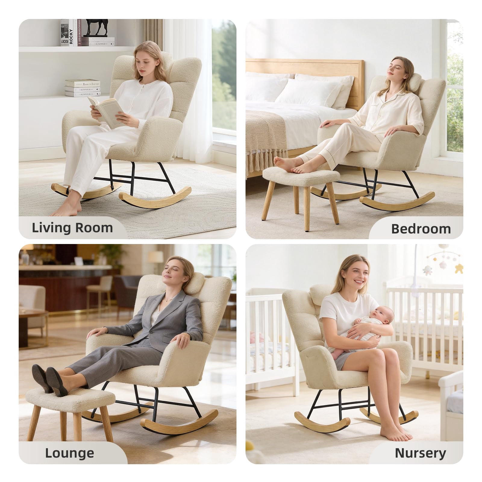 Gaderth High Back Stuffed Upholstered Rocking Chair for Living Room & Bedroom, Stuffed Fleece Comfortable Glider Accent Armchair, Soft Modern Design for Adults