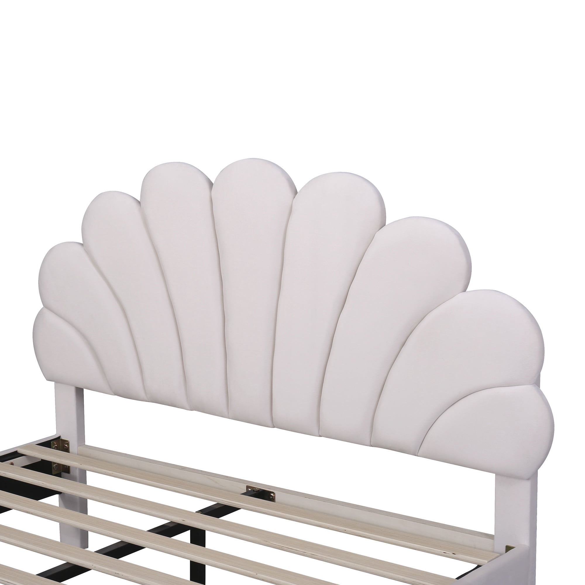 Gewnee Queen Size Upholstered Velvet Platform Bed Frame with Flower Pattern Headboard, Beige