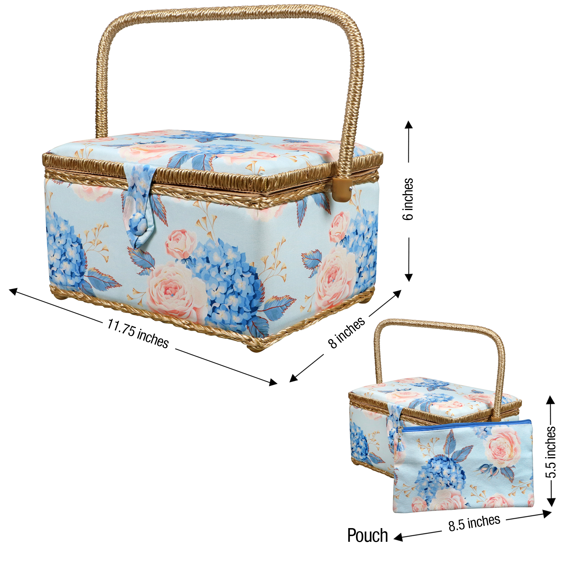 Singer L Sewing Basket Hydrangeas Print with Matching Zipper Pouch
