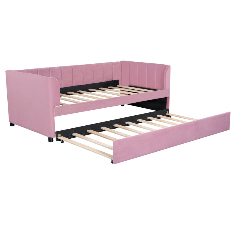 Aukfa Daybed with Trundle, Twin Size Upholstered Bed Frame, Velvet, Pink