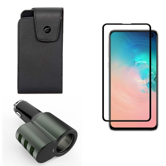 Galaxy S10e Case Belt Clip w Car Charger w Screen Protector - Leather Swivel Holster, 25W 3-Port USB 5.1Amp, Tempered Glass 5D Curved Edge for Samsung Galaxy S10e Phone