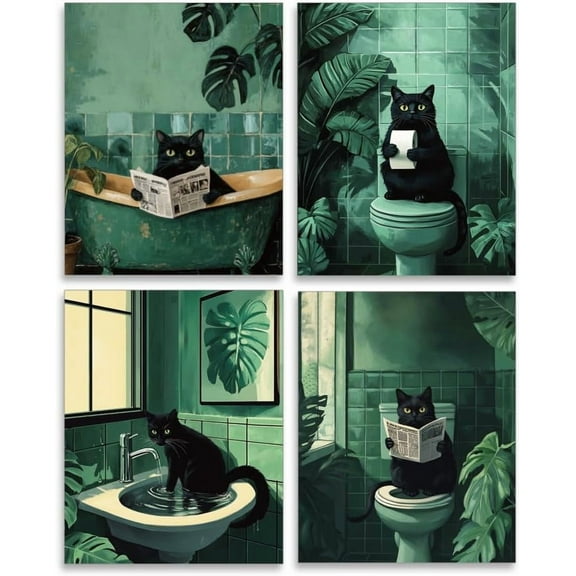 4PCS Black Cat in Bathroom Wall Prints Vintage Wall Art Posters Cat Reading Newspaper Poster Prints for Bathroom Artwork Aesthetic Posters for Toilets Unframed for DIY