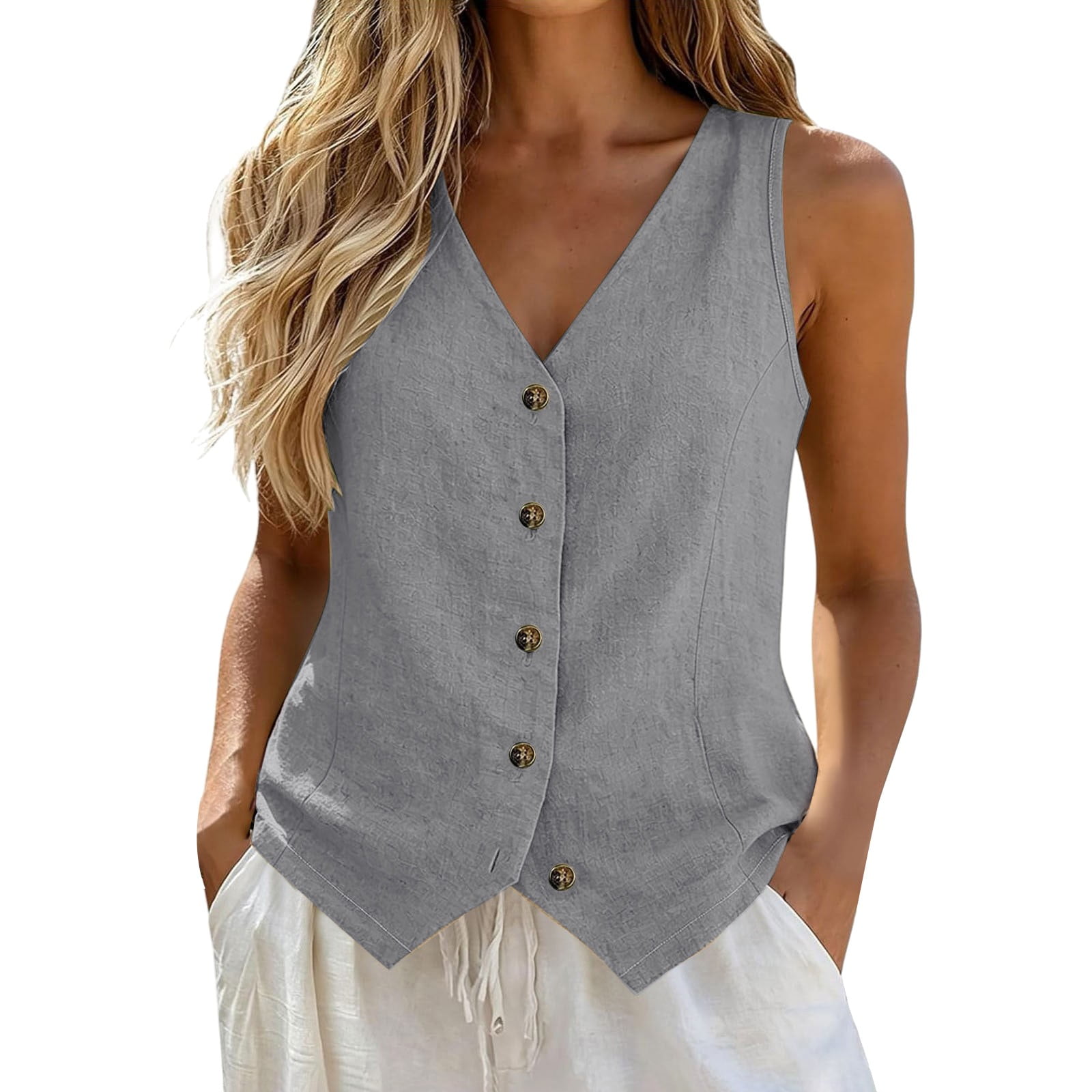 LEKODE Womens Linen Tops Sleeveless Blazer Fitted Waistcoat Sleeveless Tops Womens V Neck Vest Womens Casual Button Down Vest Fully Lined Womens Business Vest Button Vest Gray Xl